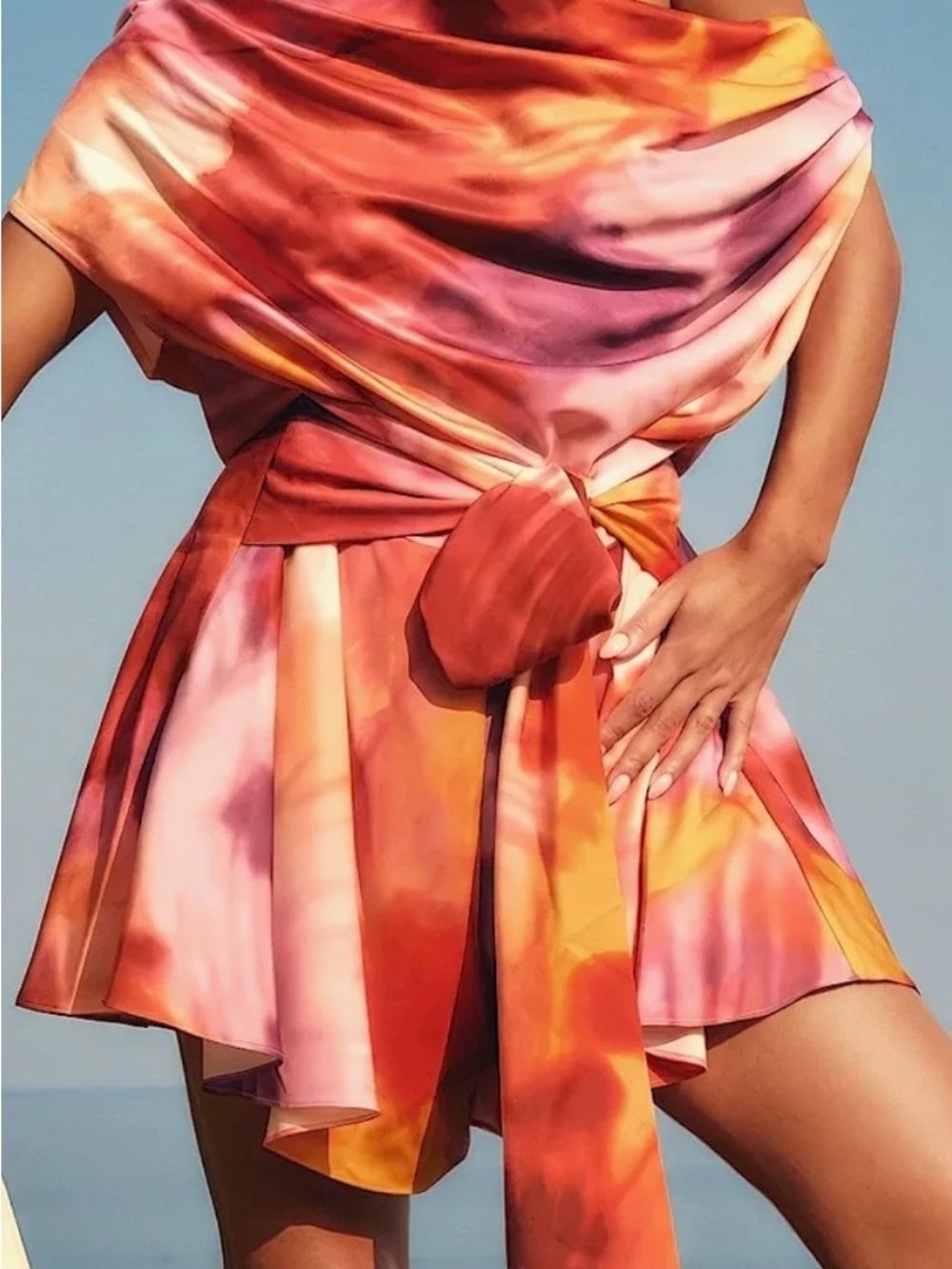 Andrea Iyamah Orange-Pink Watercolor Tie-Waist Mini Dress
